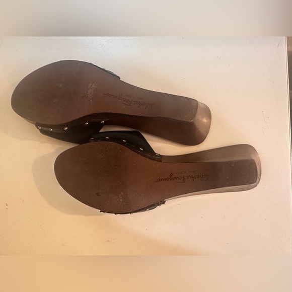 Ferragamo Black Leather Mules Sandals w/Stylish Wooden Sole - Picture 4 of 8